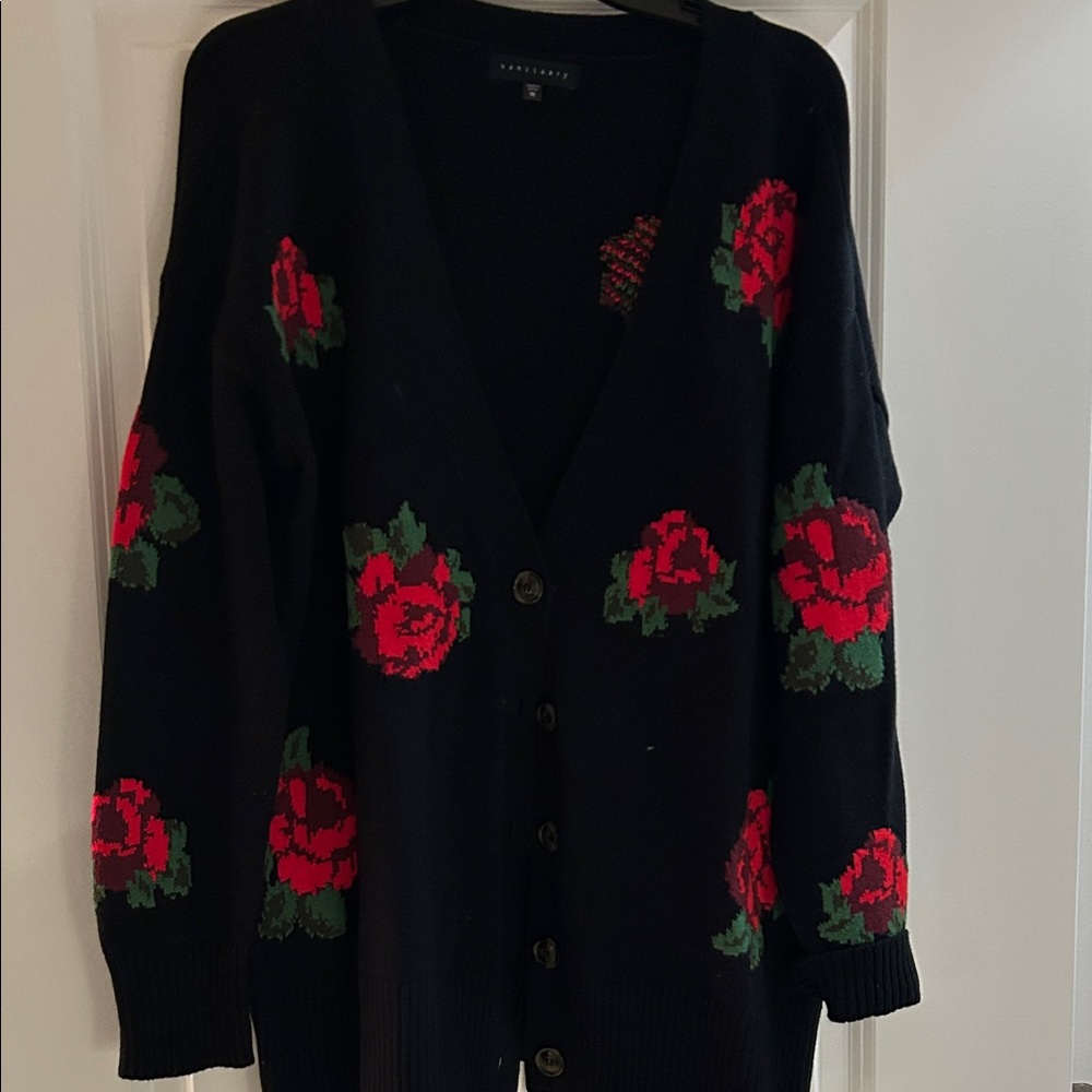 Sanctuary Black Cardigan with Red Floral Design